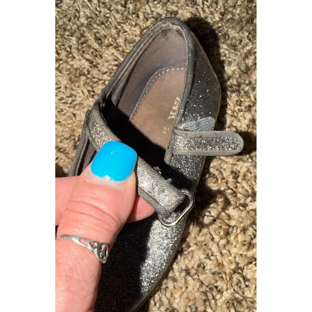 Zara-Girls Dark Brown Silver Glitter Finish Mary Jane Ballet Shoes 9.5 (24)